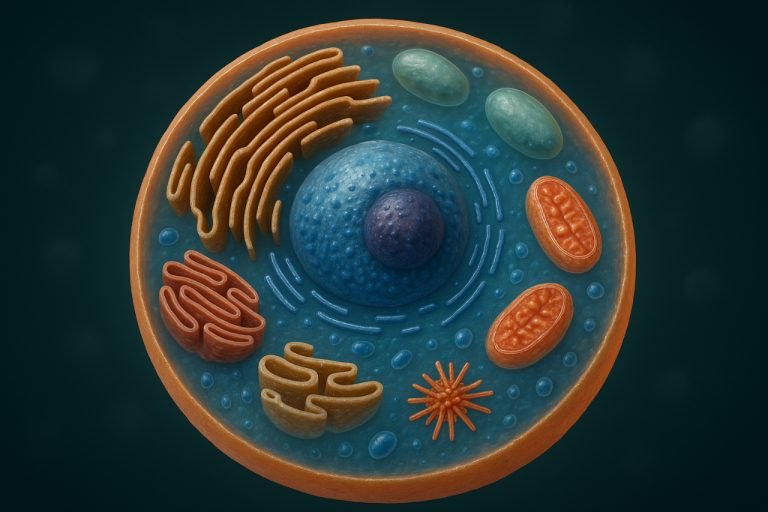 Realistic 3D animal cell diagram showing organelles and internal structures.