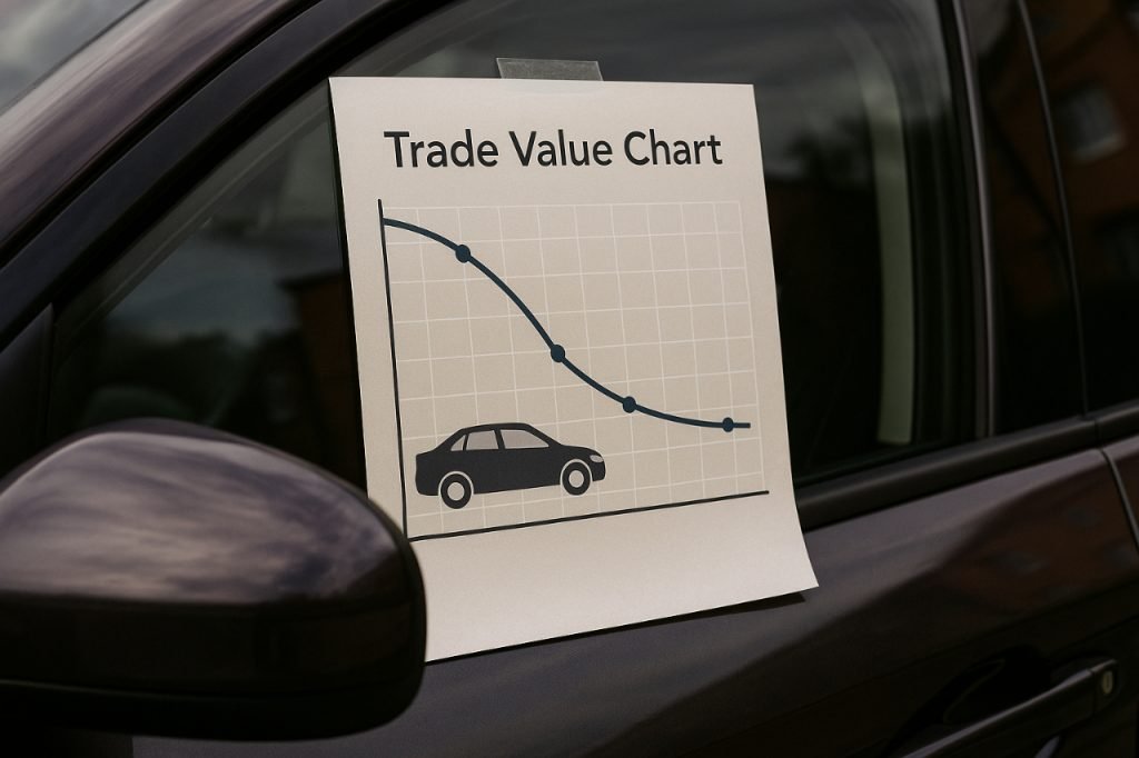Trade Value Chart: Accurately Determine Your Car’s Trade value chart taped to a car window with depreciation curve.