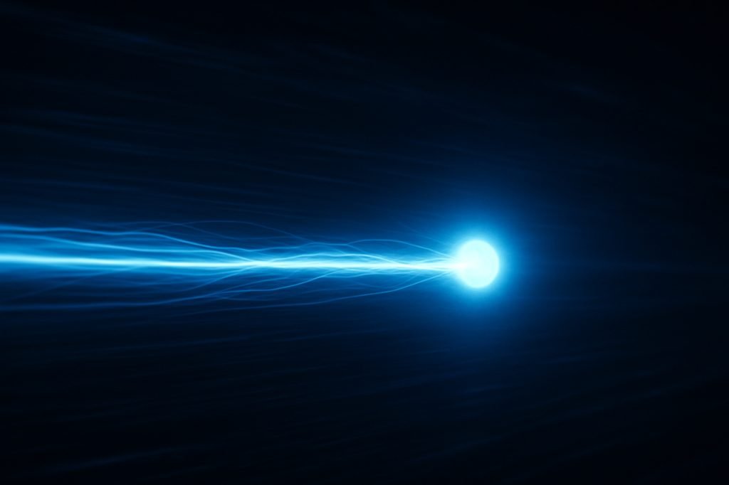 High-speed electron glowing with a blue trail in dark space.