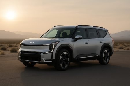Kia EV9 electric SUV parked in desert landscape at sunset