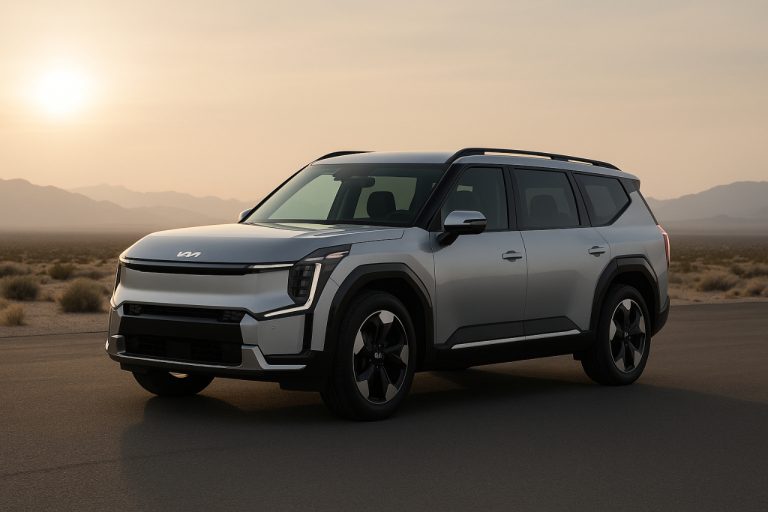 Kia EV9: The Future-Ready 3-Row Electric SUV Kia EV9 electric SUV parked in desert landscape at sunset