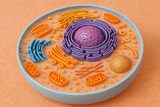 3D diagram of an animal cell with visible organelles in a circular structure.