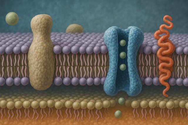 Illustration of the cell membrane's structure with proteins and lipid bilayer
