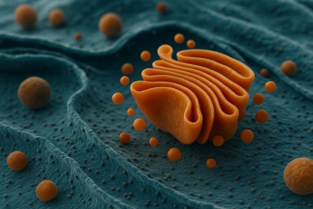 Golgi apparatus packaging proteins in a cell.