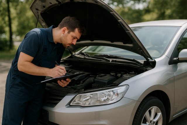 Mechanic inspecting car engine with clipboard outdoors.