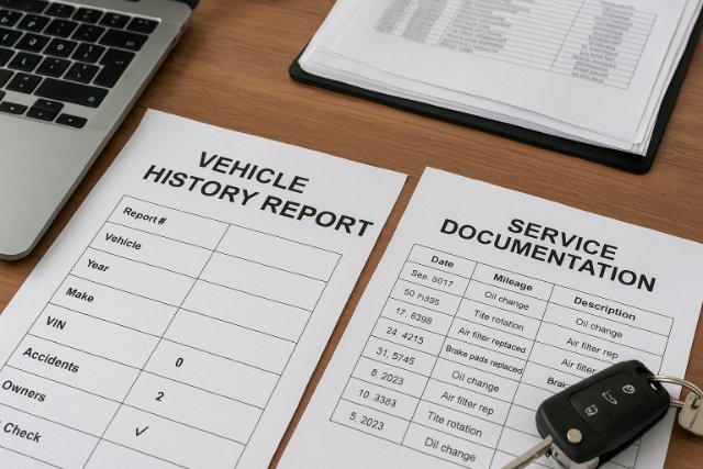 Vehicle history report and service documents on car dealer’s desk