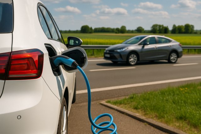 Electric vehicle charging while hybrid car passes on highway