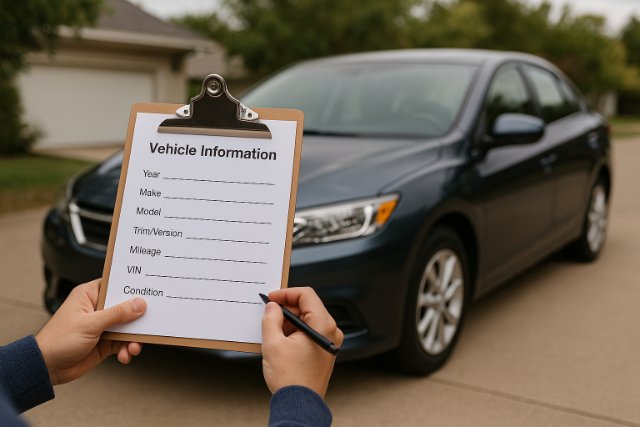 Filling out vehicle information form beside a car for trade-in evaluation.