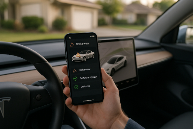 Electric car app showing diagnostics and brake wear alerts