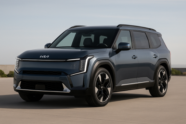 Kia EV9 electric SUV with bold design and LED lighting on concrete