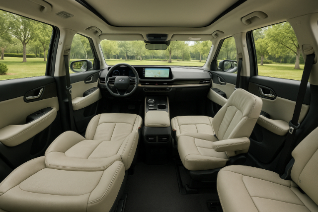 EV9 interior with lounge-like seats and panoramic digital display