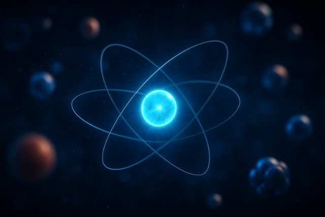 Glowing blue electron in atomic orbit with subatomic particles in space