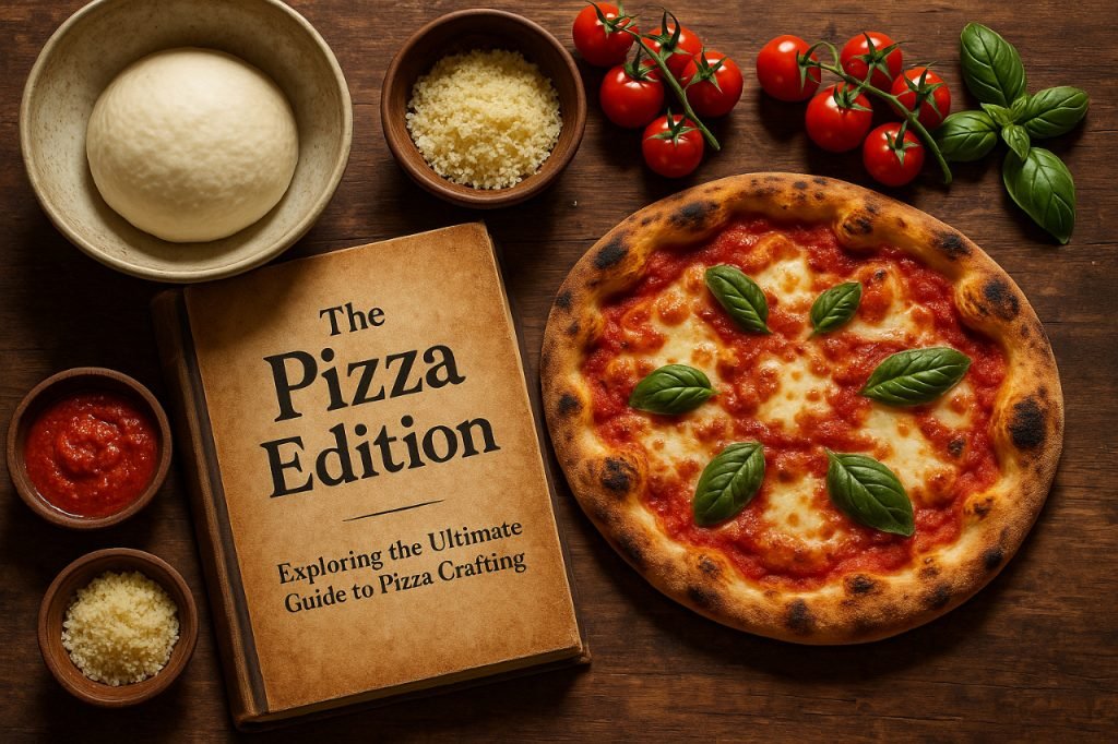 The Pizza Edition: Exploring the Ultimate Guide to Pizza Crafting Fresh Margherita pizza with ingredients and cookbook on wooden table.