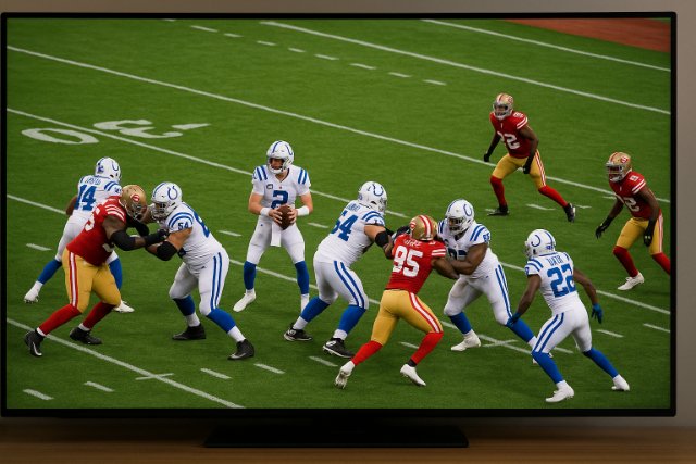 Live football stream featuring Colts quarterback and opposing defenders in action