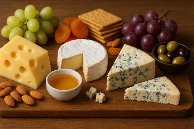 Assorted gourmet cheeses with fruits, nuts, and crackers on a wooden board