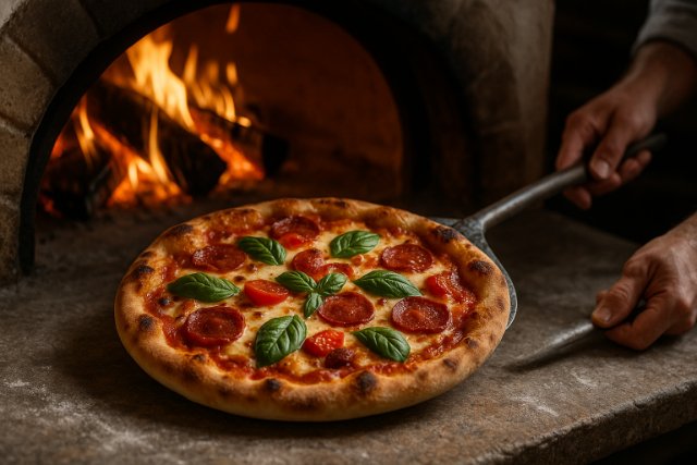 Freshly baked pizza being removed from a wood-fired oven.