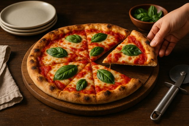 Hand serving slice of Margherita pizza from wooden board.