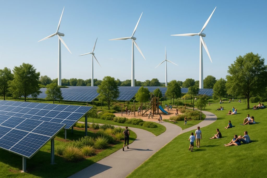 Energizer Park: The Future of Sustainable Recreation and Clean Energy Living Sustainable park with solar panels, wind turbines, and people enjoying outdoor activities.