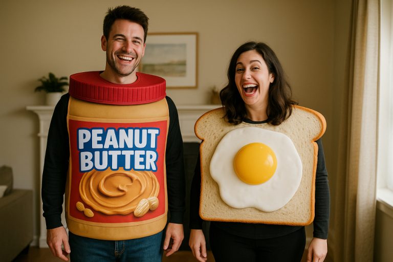 Funny Couples Costumes: Creative Ideas to Make Everyone Laugh Couple in peanut butter and toast with egg costumes laughing together.