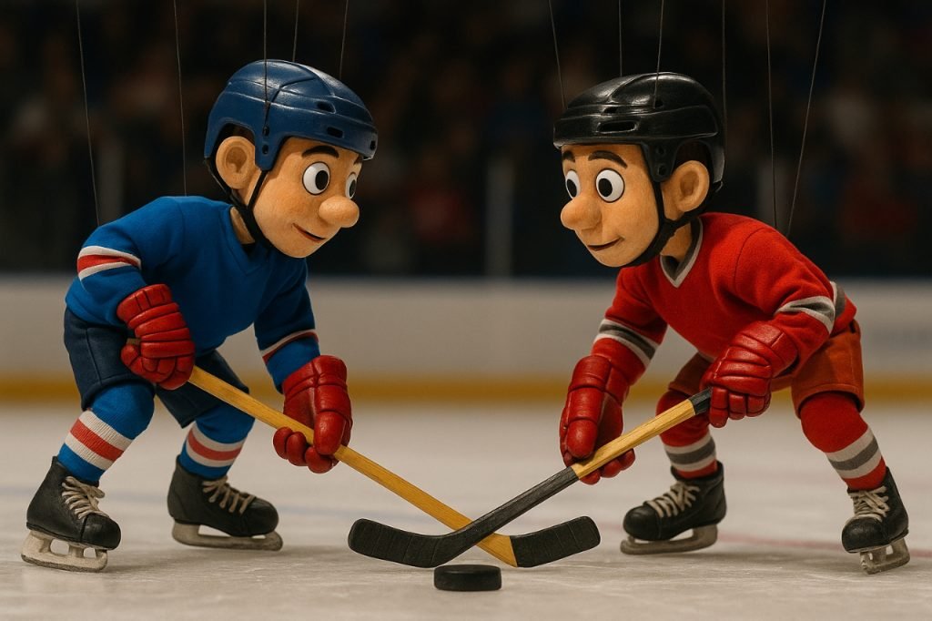 Puppet Hockey: Master the Game, Strategy, and Skills for Ultimate Fun Puppet hockey players facing off on ice rink with sticks and puck.