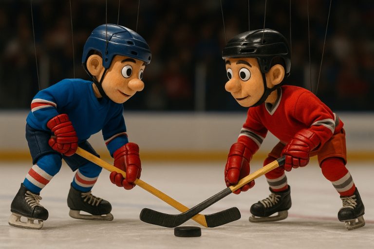 Puppet Hockey: Master the Game, Strategy, and Skills for Ultimate Fun Puppet hockey players facing off on ice rink with sticks and puck.