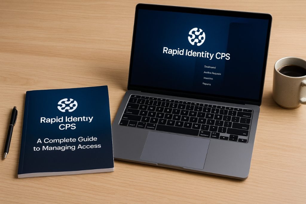 Rapid Identity CPS: A Complete Guide to Managing Access Laptop showing Rapid Identity CPS dashboard with a guidebook on managing access.