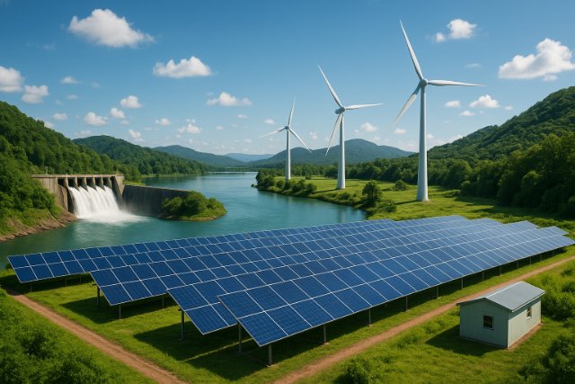Self-sustaining energy ecosystem with solar panels, wind turbines, and a hydro dam.