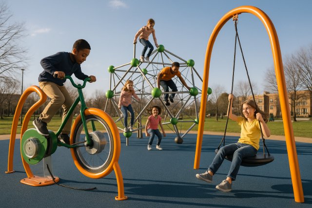 Kids playing on kinetic energy-powered playground equipment.