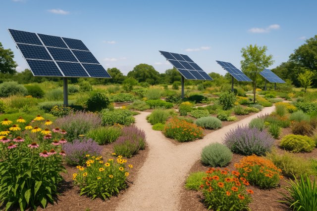 Solar panels in a vibrant flower garden on a sunny day.