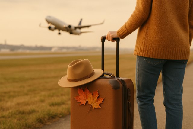 Traveler with suitcase watching plane take off during fall.