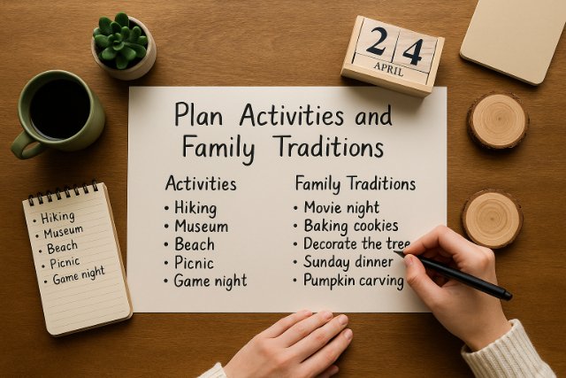 Person planning family activities and traditions on paper at a wooden table.