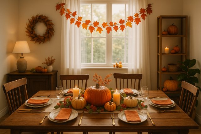 Rustic Thanksgiving table with pumpkins and fall decor