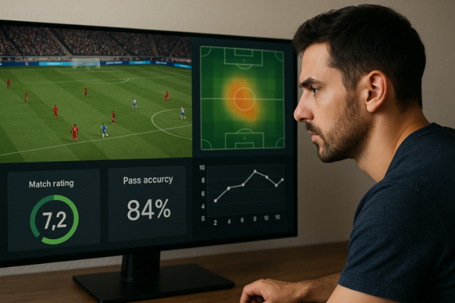 Gamer analyzing performance stats on screen for video game improvement.
