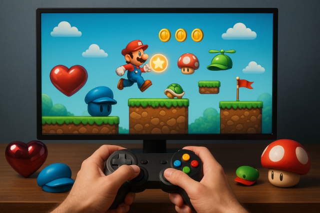 Gamer playing with power-ups and customizations in a retro video game.
