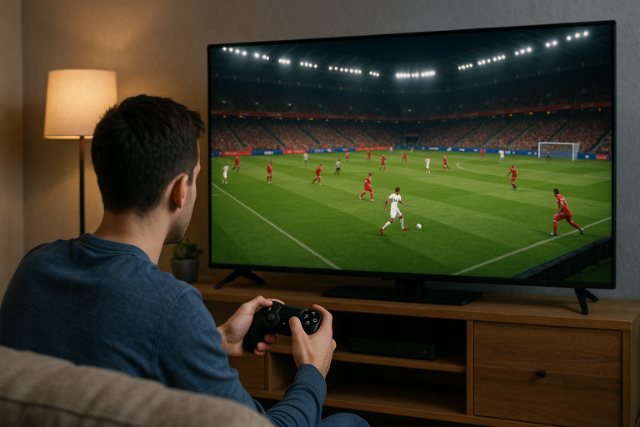 Gamer playing online soccer match on large TV screen.