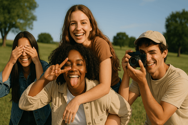 Friends posing creatively and having fun in a sunny park