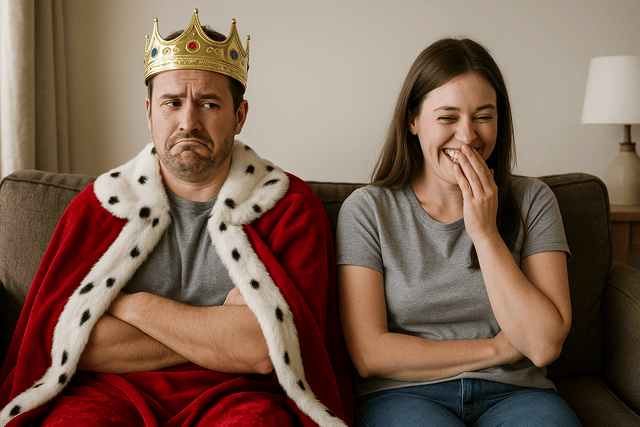 Funny couple sitting on couch in royal and casual clothes