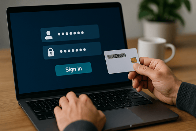 User authenticating credentials with secure login screen and ID card.