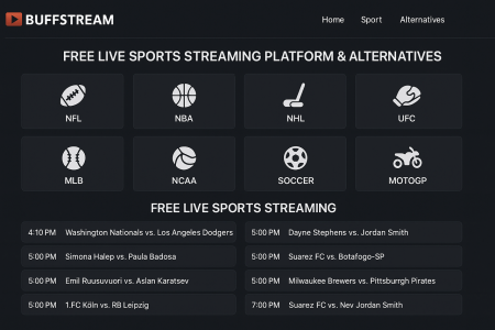 Buffstream sports streaming interface showing live event categories and schedules.