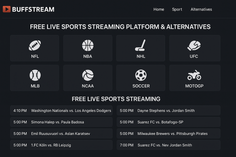 Buffstream: Free Live Sports Streaming Platform & Alternatives Buffstream sports streaming interface showing live event categories and schedules.