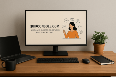 Modern desk setup with computer and accessories promoting digital workflow.