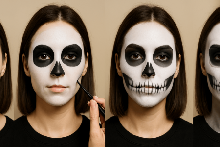 Woman applying step-by-step skeleton makeup for Halloween.