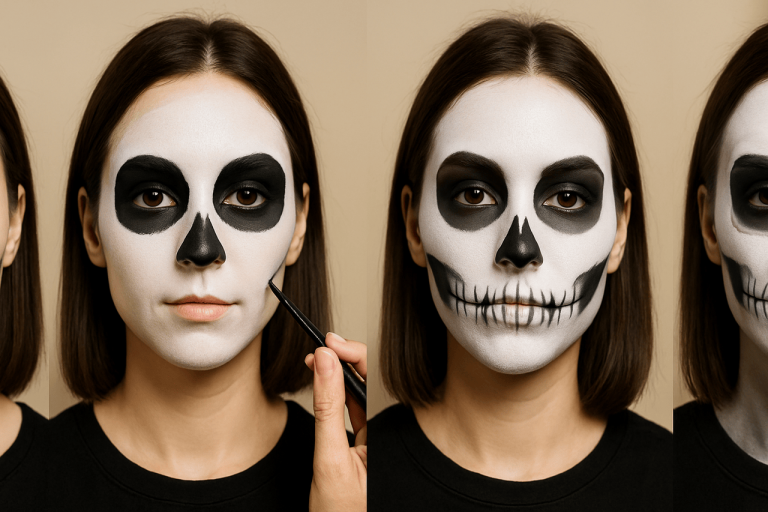 Easy Skeleton Makeup: Step-by-Step Guide for a Stunning Halloween Look Woman applying step-by-step skeleton makeup for Halloween.