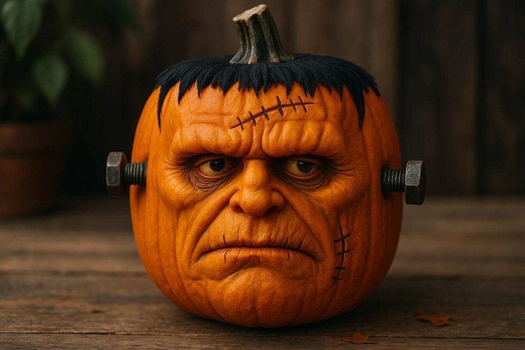 Frankenstein Pumpkin: The Ultimate Guide to Creating Frankenstein pumpkin carving with bolts and stitched face on wood.