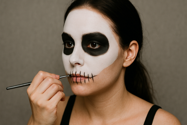 Woman applying skeleton face makeup