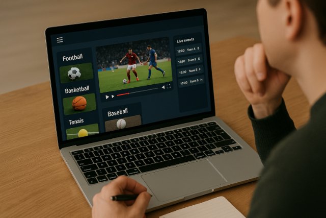 Person evaluating sports streaming platform on laptop