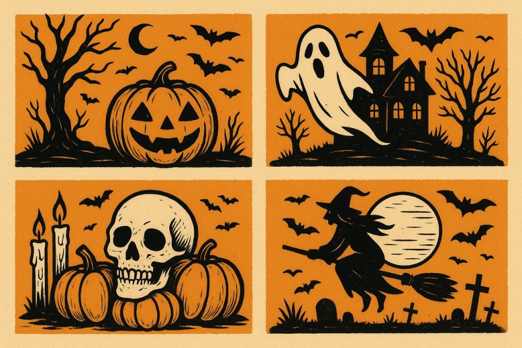Halloween Drawing Ideas for Artists of All Levels Halloween ink drawings with pumpkin, ghost, skull, and witch.
