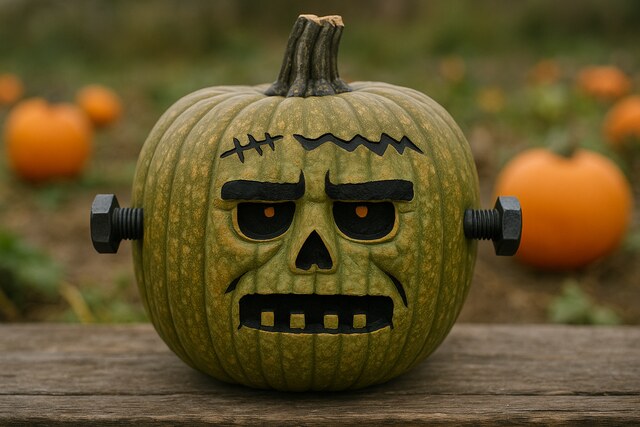 Frankenstein-style carved green pumpkin with bolts in a pumpkin patch.