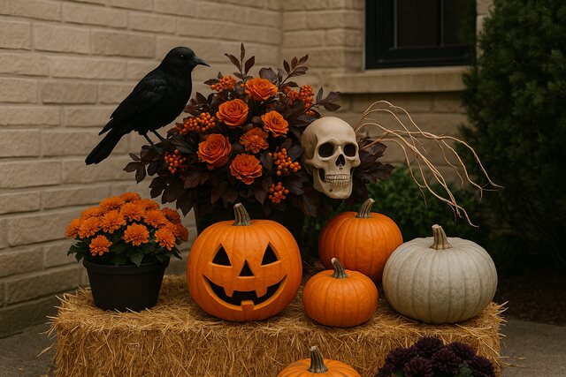 Halloween arrangement with pumpkins, skull, flowers, and crow on hay bales.