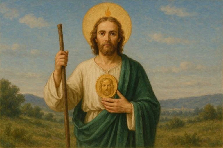 San Judas Tadeo: The Complete Guide to Devotion and Meaning San Judas Tadeo in green cloak holding a medallion of Christ.